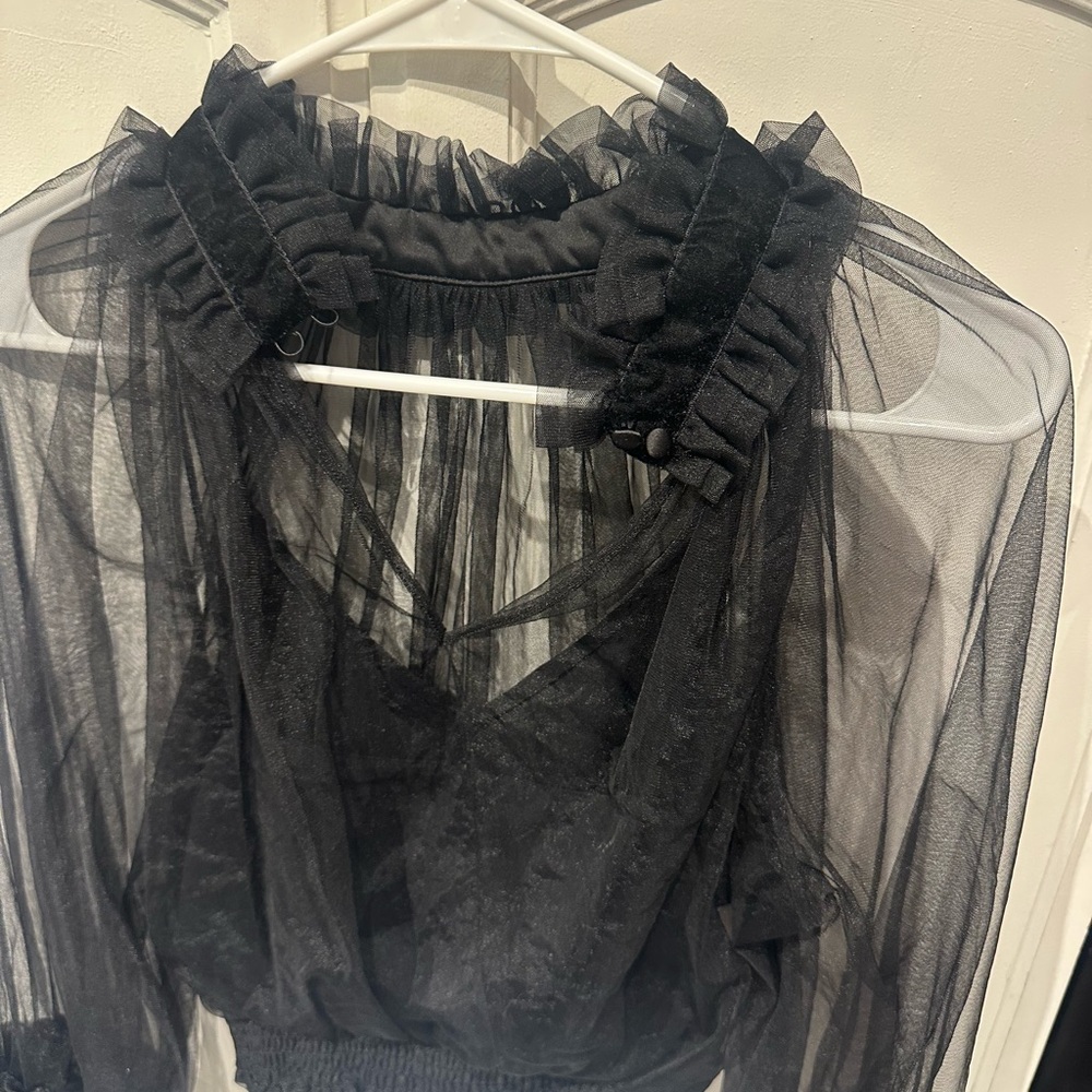 Alice + Olivia Black Sheer Ruffle Blouse - Picture 2 of 4